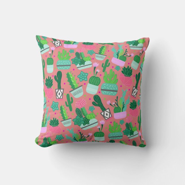 Fun Southwestern Cute Girly Pink Cactus Pattern Throw Pillow (Front)