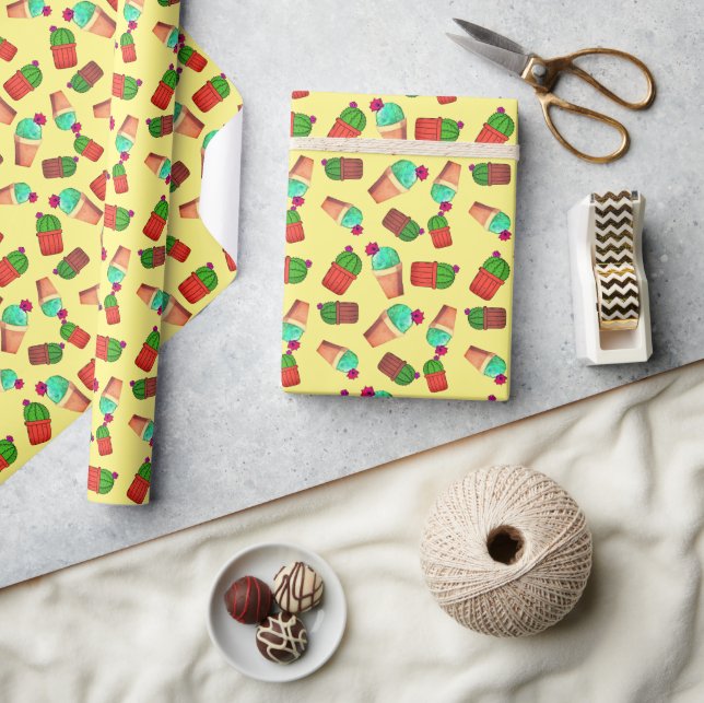 Fun Southwestern Flowering Potted Cactus Pattern Wrapping Paper (Crafts)