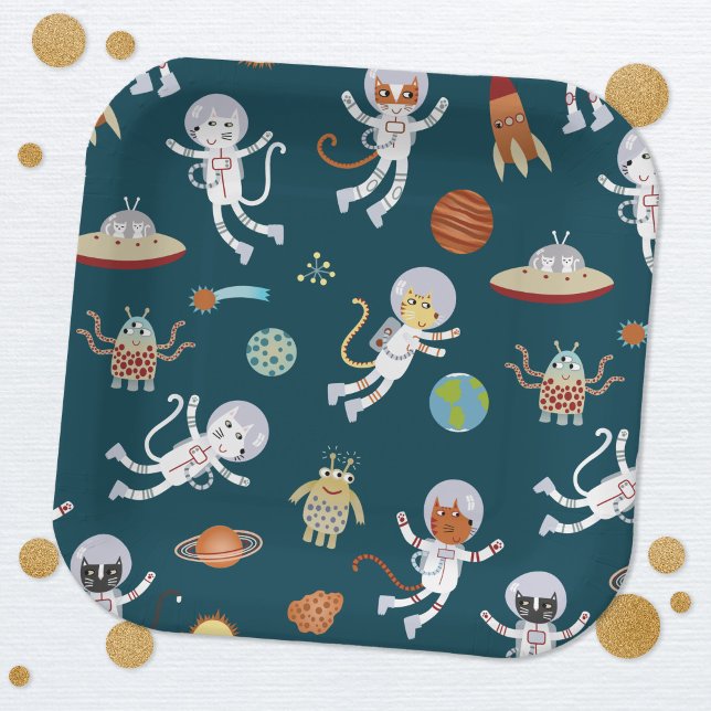Fun Space Cats Birthday Party Paper Plate (Space themed cat astronaut fun party paper plates)