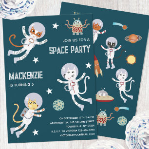 Fun Space Cats Kids Birthday Party Invitation