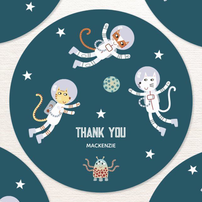 Fun Space Cats Personalized First Birthday Party Classic Round Sticker (Fun personalized kids name space themed thank you stickers)