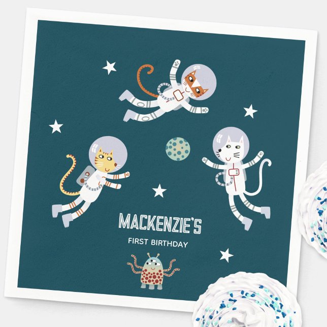 Fun Space Cats Personalized First Birthday Party Napkin (Fun personalized kids name space cat themed first birthday party paper napkins)