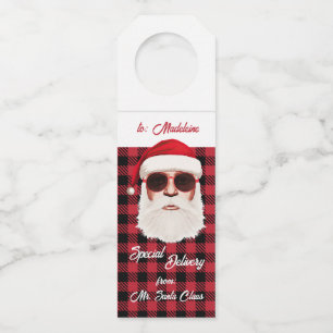 Fun Special Delivery Santa Red Black Buffalo Plaid Bottle Tag