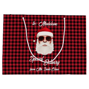 Fun Special Delivery Santa Red Black Buffalo Plaid Large Gift Bag