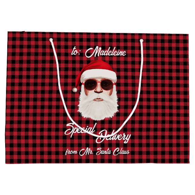 Fun Special Delivery Santa Red Black Buffalo Plaid Large Gift Bag (Back)