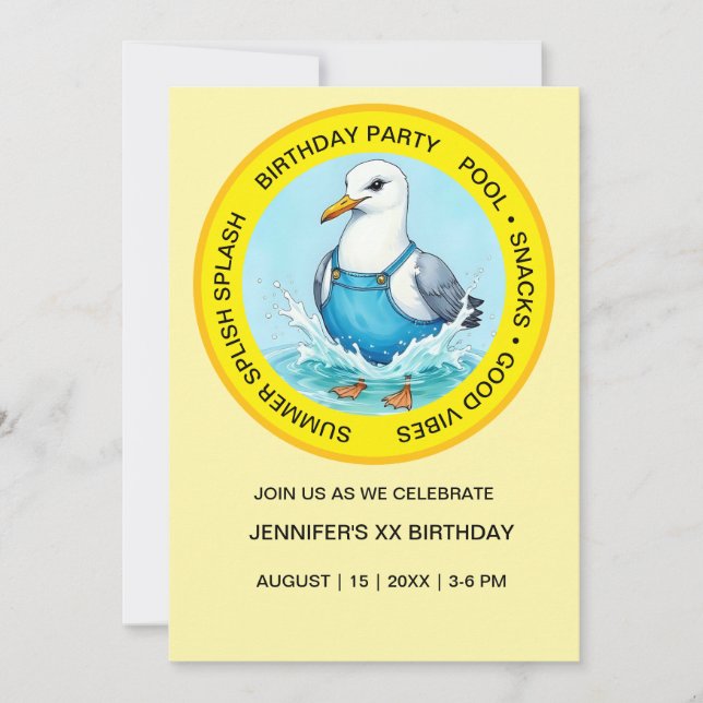 fun Splish Splash Seagull summer Pool Party Invitation (Front)