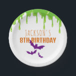 Fun Spooky Halloween Kids Birthday Party Paper Plate<br><div class="desc">Are you searching for spooky Halloween birthday party paper plates that will give your guests goosebumps? Look no further than these paper plates featuring green slime and purple bats. Use the design tools to personalize the text,  font and colours.</div>
