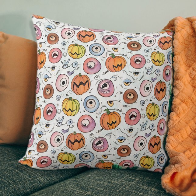 Fun Spooky Halloween Monster Eyeballs Doodles Throw Pillow (Creator Uploaded)