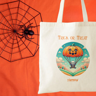 Fun, Spooky Pumpkin Parachute Skeleton Halloween Tote Bag