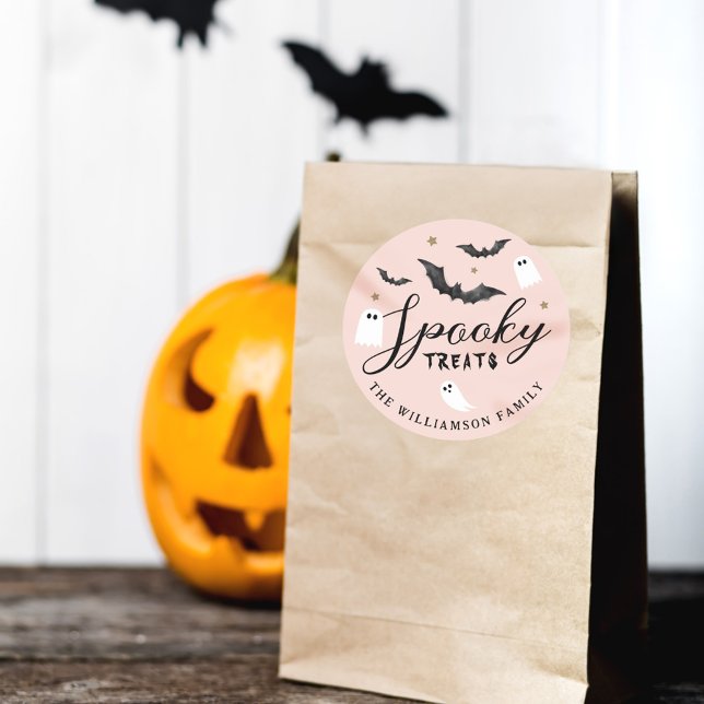 Fun Spooky Treats Halloween Ghost & Bats Custom Classic Round Sticker (Spooky Boo! Halloween Ghost & Bats Black Classic Round Sticker)