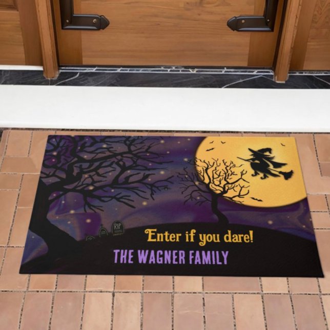 Fun Spooky Witch Moon Halloween Purple Customized  Doormat (Spooky customizable Halloween Witch Doormat by Inspirivity)