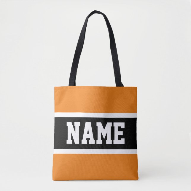 Fun Sporty Bold Orange Black Stripes Your Text Tote Bag (Front)