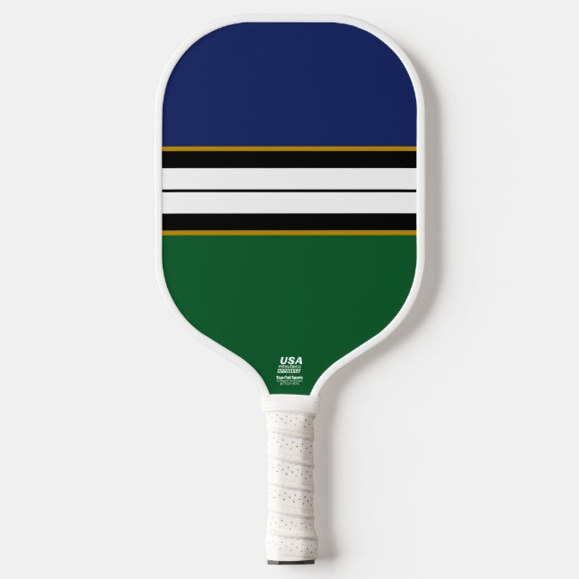 Fun Sporty Navy Green Black White Racing Stripes Pickleball Paddle (Front)