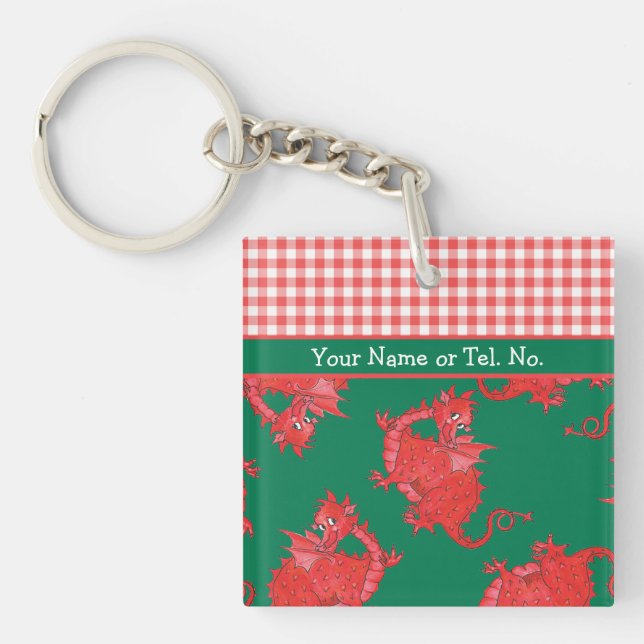Fun Square Keyring to Personalize: Cute Red Dragon (Front)