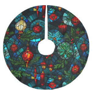 Fun Stained Glass Christmas Tree Base Cover up Brushed Polyester Tree Skirt