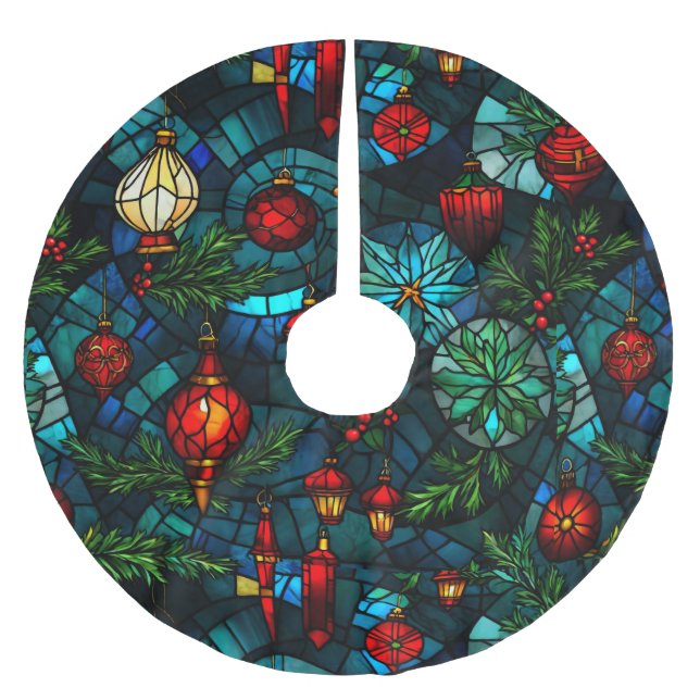 Fun Stained Glass Christmas Tree Base Cover up Brushed Polyester Tree Skirt (Front)