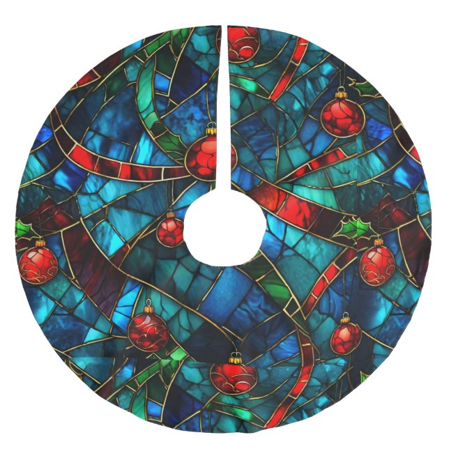 Fun Stained Glass Christmas Tree Base Cover up Brushed Polyester Tree Skirt (Front)
