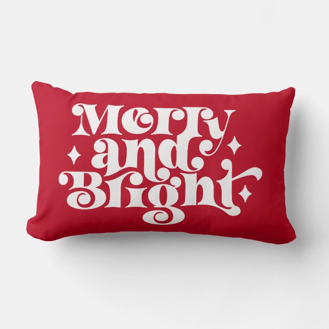 Fun, starry Merry & Bright holiday typography Lumbar Pillow (Front)