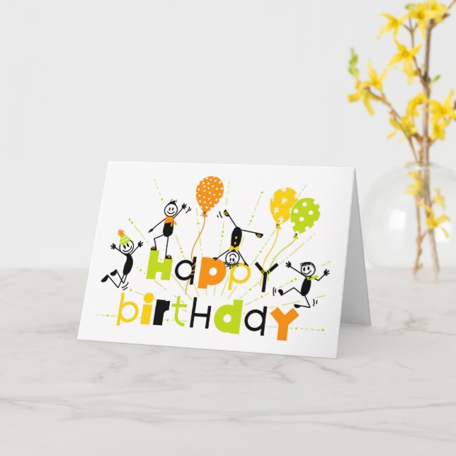 Fun Stick Men Birthday Card (Yellow Flower)