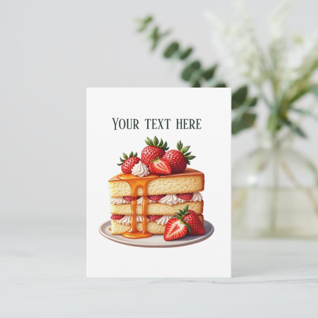 Fun strawberry cake bakery customizable postcard (Standing Front)