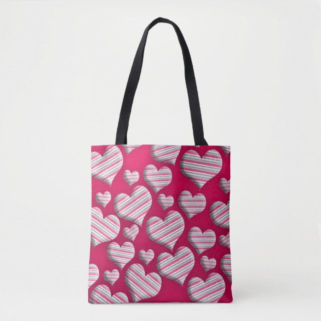 Fun Stripe Heart Hot Pink Fun Cute Pattern Design Tote Bag (Front)