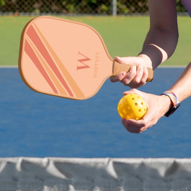 Fun Stripes Monogram Name Peach Orange Pickleball Paddle (Insitu)