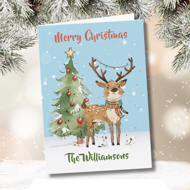 Fun Stylish Watercolor Reindeer Tree  Card (Creator Uploaded)