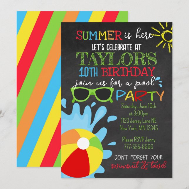 Fun Summer Chalkboard Pool Party Birthday Invitation (Front/Back)