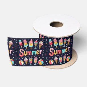 Fun Summer Graphics On Black Satin Ribbon