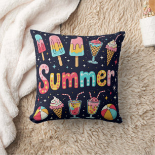 Fun Summer Graphics On Black Throw Pillow