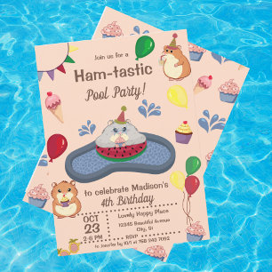 Fun Summer Hamster Birthday Pool Party Invitation