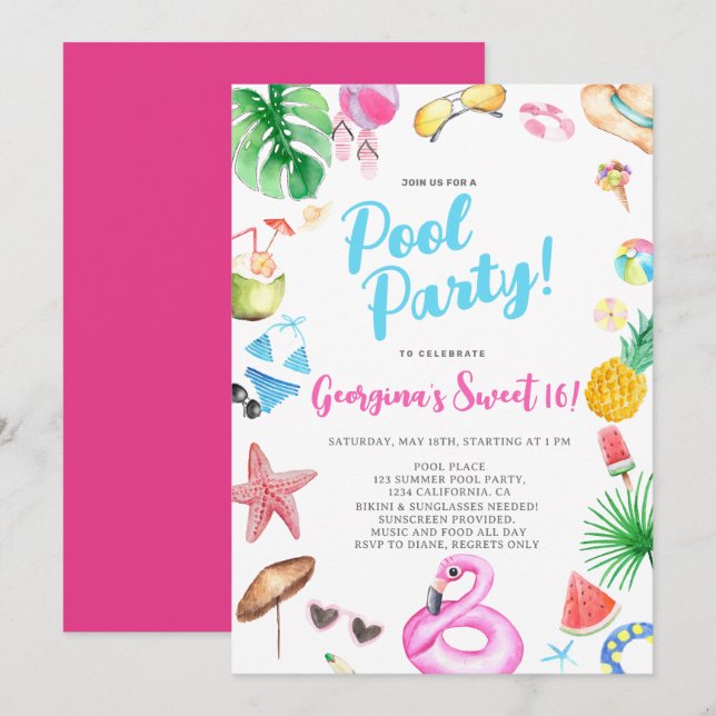 Fun summer Modern Pool Party watercolor Birthday Invitation (Front/Back)