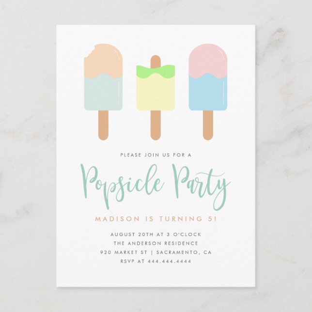 Fun Summer Pastel Popsicle Party Kids' Birthday Invitation Postcard (Front)