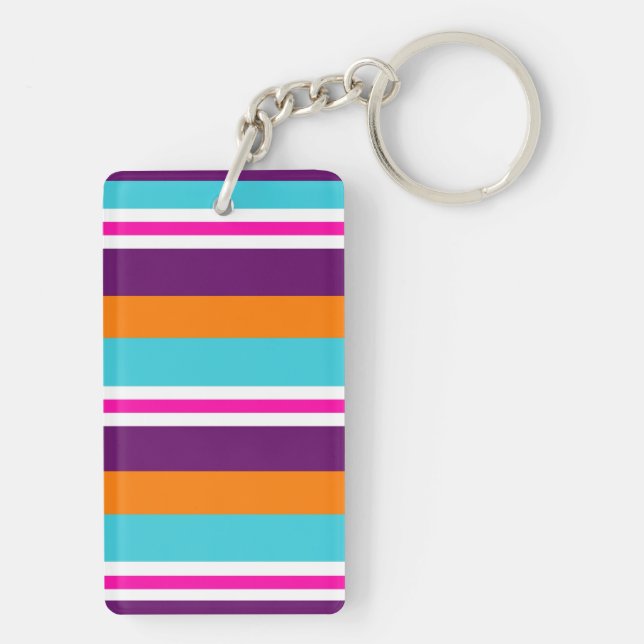 Fun Summer Pink Teal Orange Purple Striped Pattern Keychain (Back)