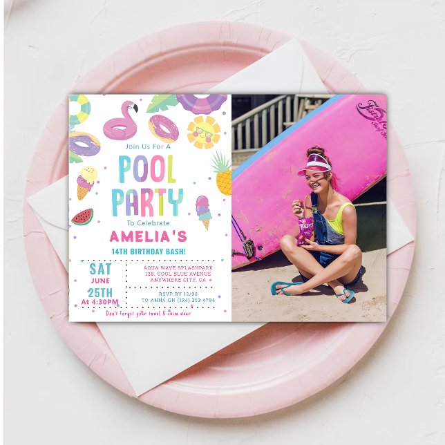 Fun Summer Pool Birthday Party Photo Invitation (Creator Uploaded)