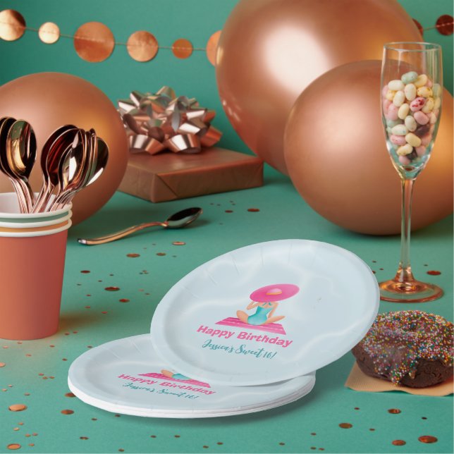 Fun Summer Pool Party Watercolor Sweet 16 Paper Plate (Multi)