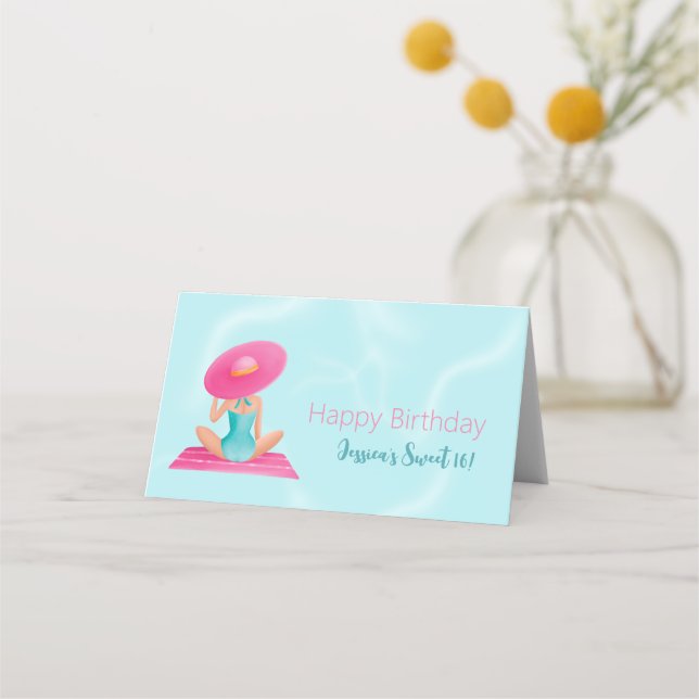 Fun Summer Pool Party Watercolor Sweet 16 Place Card (Front)