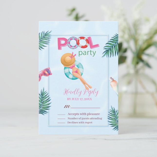 Fun Summer Pool Party Watercolor Sweet 16 RSVP Card (Standing Front)