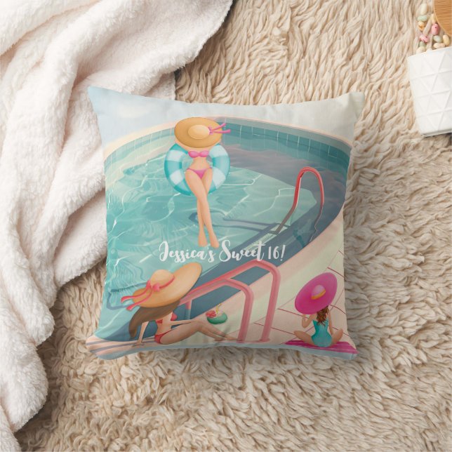 Fun Summer Pool Party Watercolor Sweet 16 Throw Pillow (Blanket)