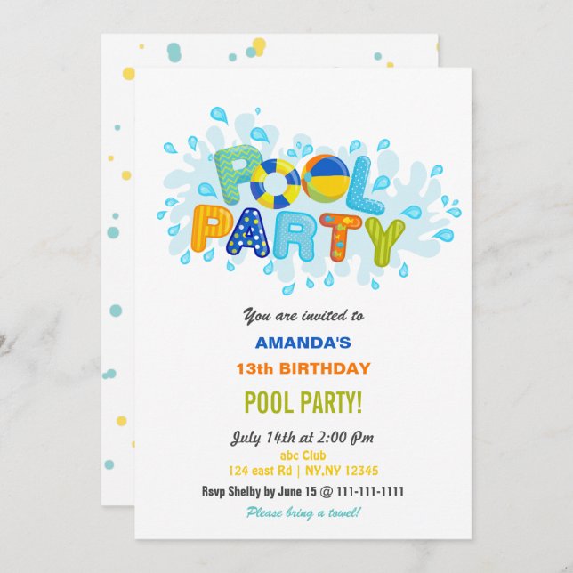 Fun Summer Swimming Pool Party Birthday  Invitation (Front/Back)