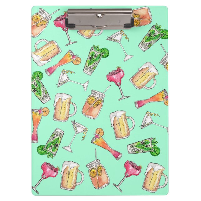 Fun Summer Watercolor Painted Mixed Drinks Pattern Clipboard (Front)
