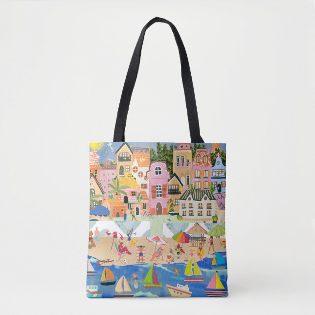 Fun Sunny Beach Town Happy Vacation Tourist  Tote Bag (Front)