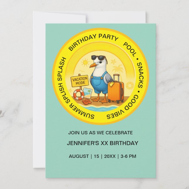 fun sunny destination seagull beach birthday invitation (Front)