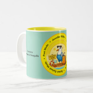 fun sunny destination seagull beach traveller name Two-Tone coffee mug