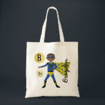 Fun Superhero Halloween Treats Monogram Name Tote Bag<br><div class="desc">This fun kids Halloween tote bag features a hand drawn boy, wearing a superhero costume. He's holding a tote bag for all of his treats... which just so happens to be the same design as this tote bag itself! Two text templates are included for a monogram initial and name. Other...</div>