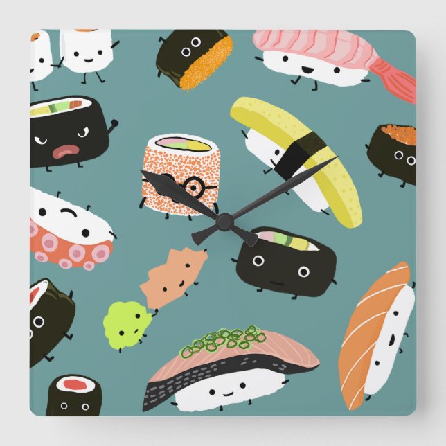 Fun Sushi Characters on Teal (Customizable) Square Wall Clock (Front)