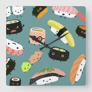 Fun Sushi Characters on Teal (Customizable) Square Wall Clock