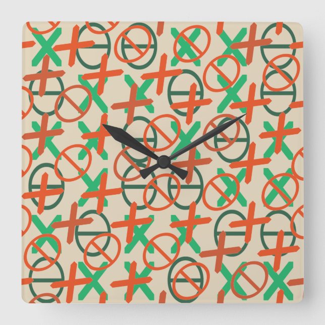 Fun Symbols Pattern Green and Orange Custom Colour Square Wall Clock (Front)
