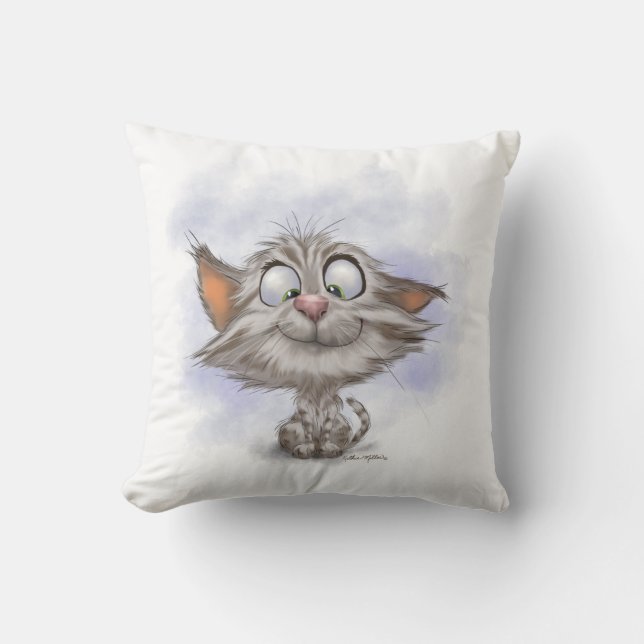 Fun Tabby Kitten Cartoon Throw Pillow (Front)