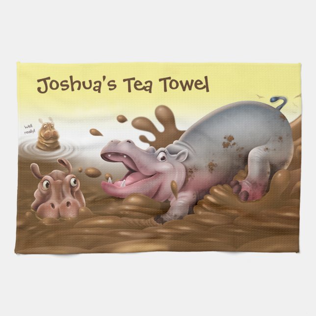 Fun Tea Towel Hippos in the mud. (Horizontal)